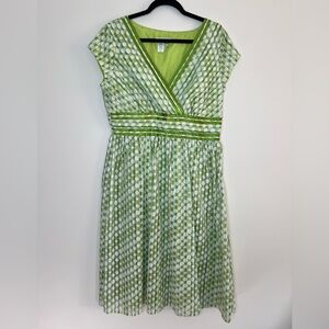 COLDWATER CREEK Green White Polka Dot V-Neck Faux Wrap Cap Sleeve Dress Size 14